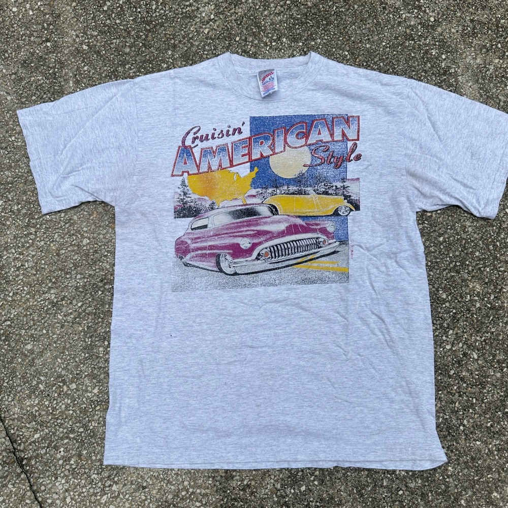 Vintage Jerzees Cruisin American Style Hot Rod T-Shirt Gray Large 90s Car Tee